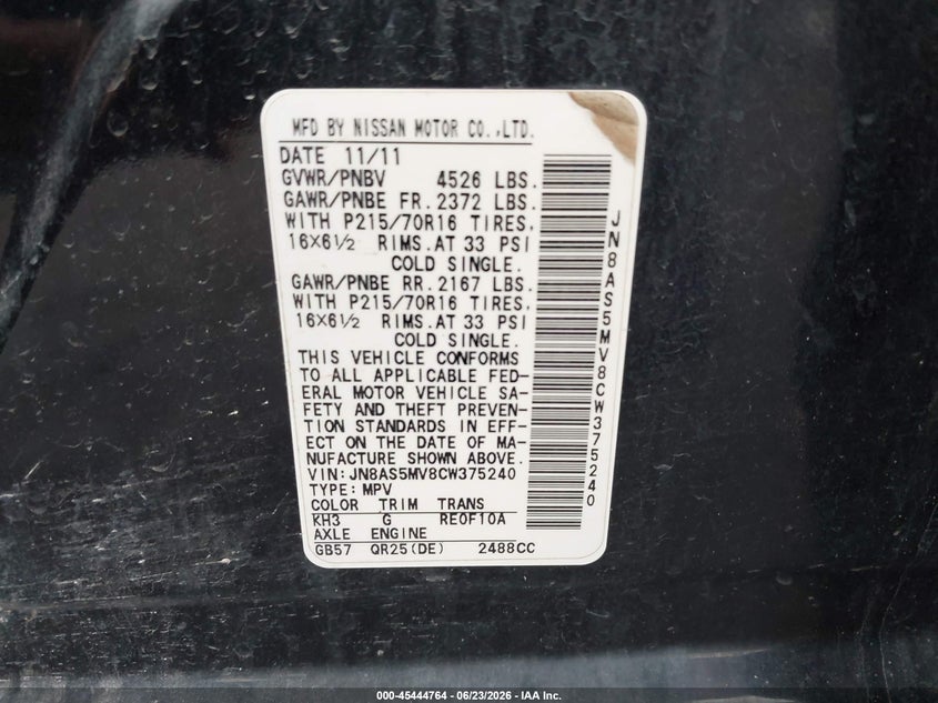 2012 Nissan Rogue VIN JN8AS5MV8CW375240 IAAI salvage auction — LEFT REAR, Salvage (Pennsylvania), sold $300 on 2026-07-14 (photo 9)