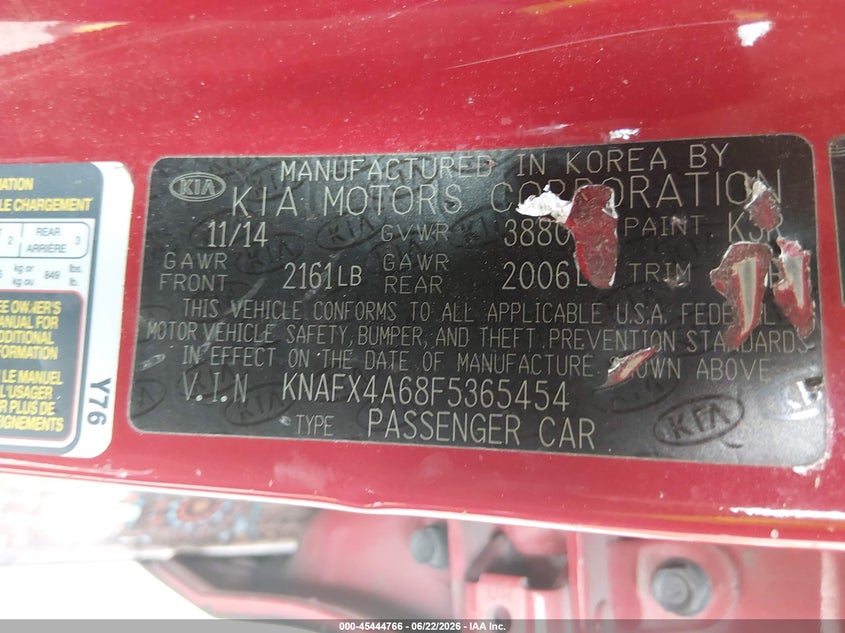2015 Kia Forte VIN KNAFX4A68F5365454 IAAI salvage auction — FRONT & REAR, Rebuildable (Florida), sold $400 on 2026-07-14 (photo 9)