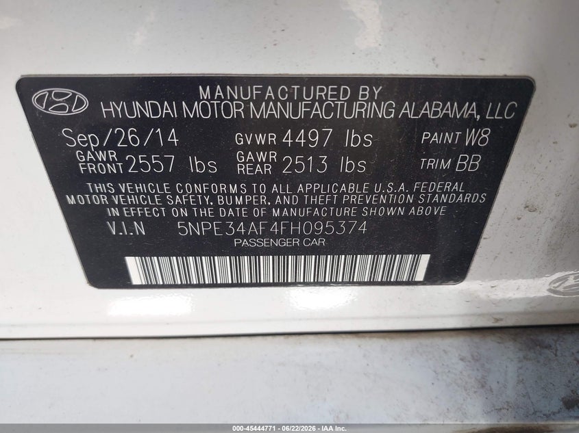 2015 Hyundai Sonata VIN 5NPE34AF4FH095374 IAAI salvage auction — NORMAL WEAR, Clear-Dealer Only (Arizona), sold $1,800 on 2026-07-09 (photo 9)