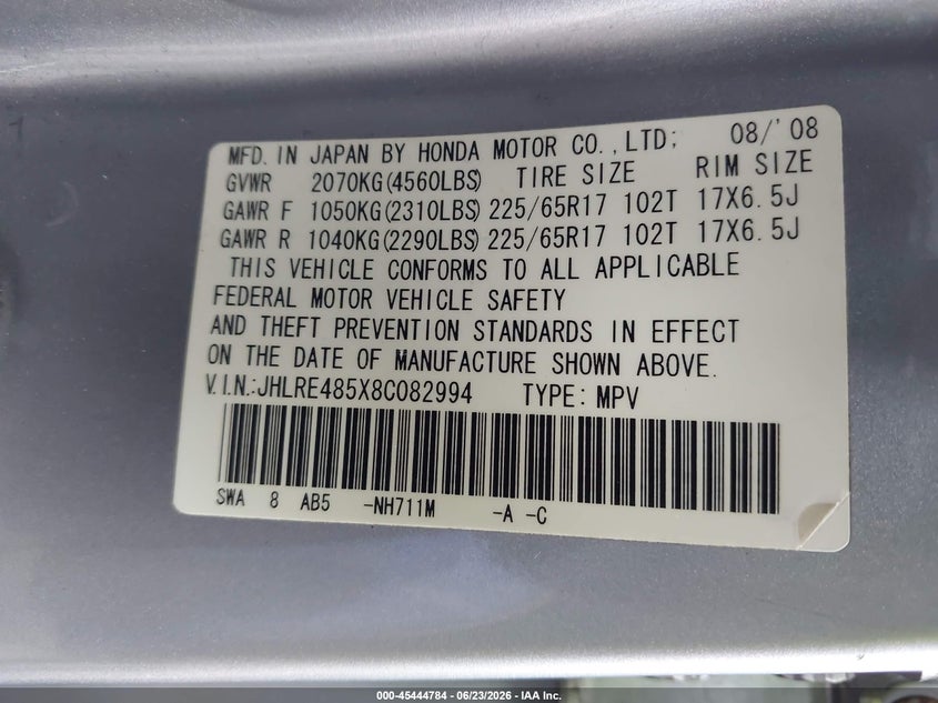 2008 Honda Cr-v VIN JHLRE485X8C082994 IAAI salvage auction — FRONT END, Mv-907A (New York), sold $625 on 2026-07-14 (photo 9)