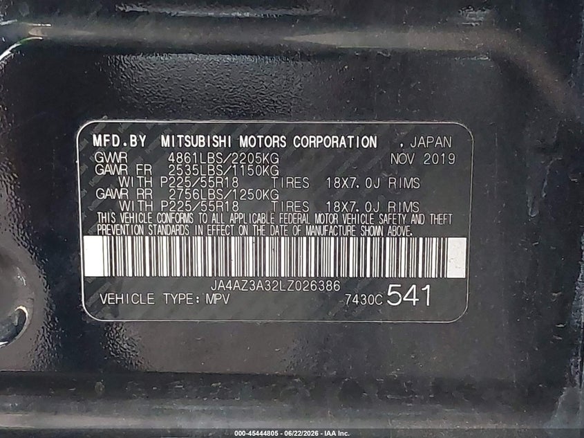 2020 Mitsubishi Outlander VIN JA4AZ3A32LZ026386 IAAI salvage auction — FRONT & REAR, Salvage Title, sold $2,650 on 2026-07-19 (photo 9)