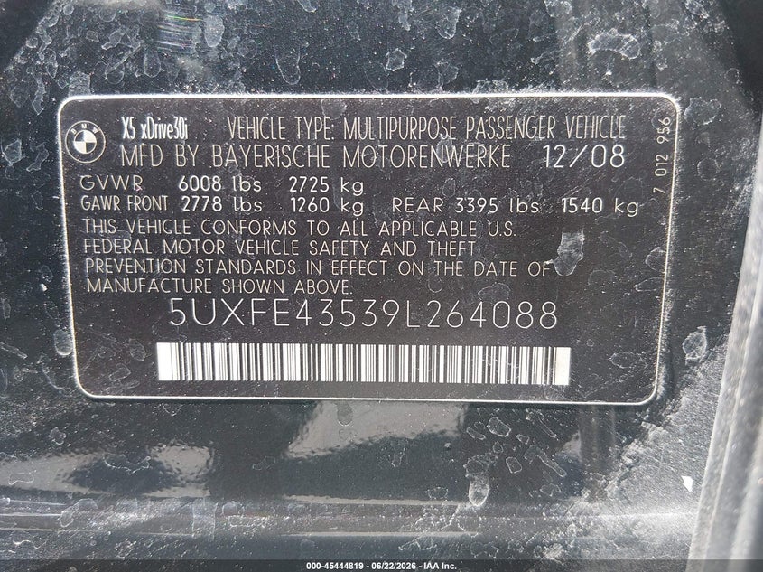 2009 BMW X5 VIN 5UXFE43539L264088 IAAI salvage auction — FRONT END, Clear (Nevada), sold $100 on 2026-07-10 (photo 9)