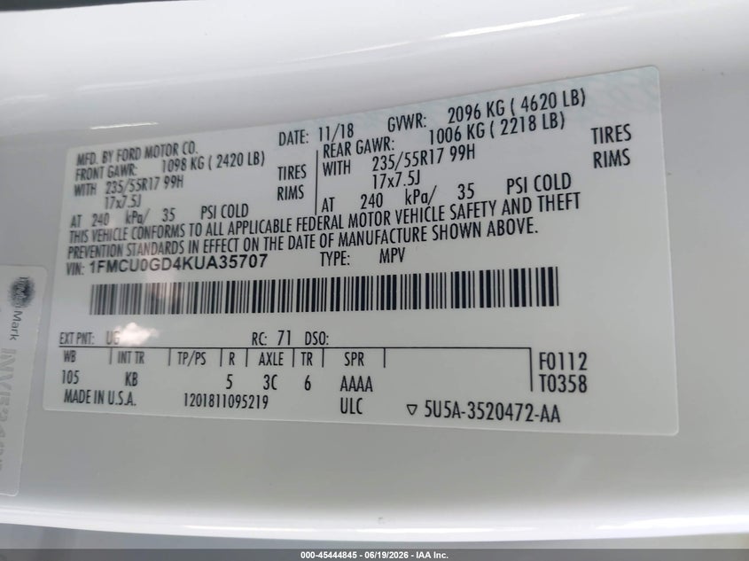 2019 Ford Escape VIN 1FMCU0GD4KUA35707 IAAI salvage auction — LEFT FRONT, Salvage Title, sold $1,500 on 2026-07-29 (photo 9)