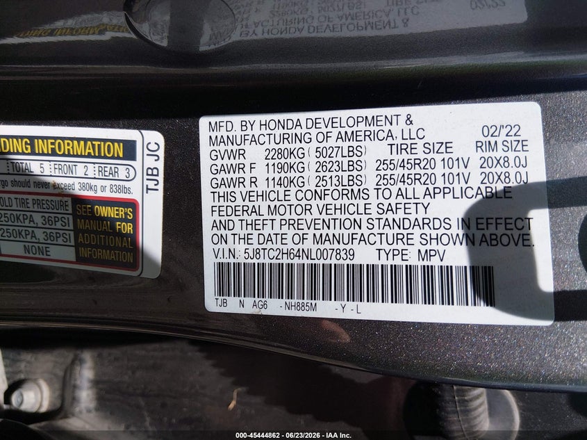 2022 Acura Rdx VIN 5J8TC2H64NL007839 IAAI salvage auction — FRONT END, Salvage (Ohio), sold $6,600 on 2026-07-18 (photo 9)