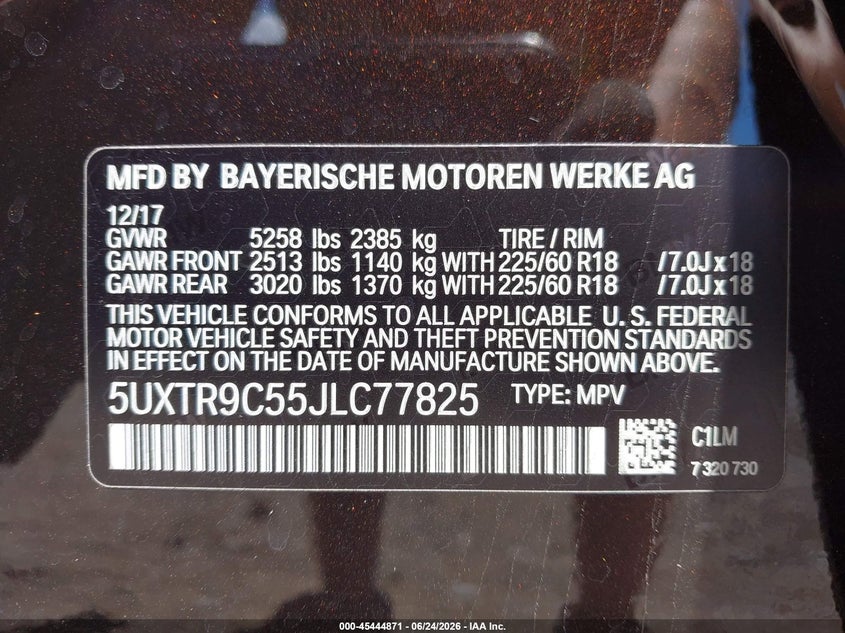 2018 BMW X3 VIN 5UXTR9C55JLC77825 IAAI salvage auction — FRONT END, Salvage (Pennsylvania), sold $6,400 on 2026-07-08 (photo 9)