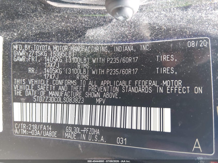 2020 Toyota Sienna VIN 5TDZZ3DC0LS083823 IAAI salvage auction — REAR END, Salvage Title, sold $1,100 on 2026-07-28 (photo 9)