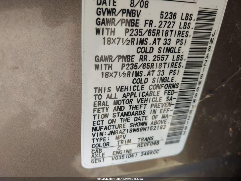 2009 Nissan Murano VIN JN8AZ18W69W152193 IAAI salvage auction — NORMAL WEAR, Clear (Virginia), sold $375 on 2026-07-20 (photo 9)