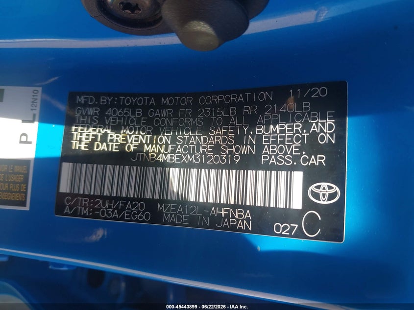 2021 Toyota Corolla VIN JTNB4MBEXM3120319 IAAI salvage auction — REAR END, Rebuildable (Florida), sold $4,400 on 2026-07-28 (photo 9)