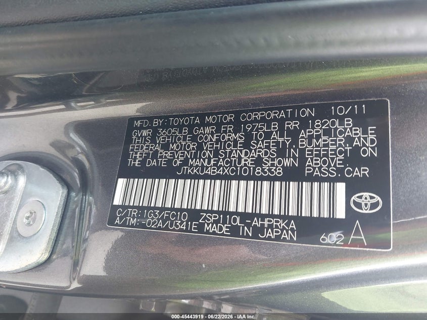 2012 Scion Xd VIN JTKKU4B4XC1018338 IAAI salvage auction — SIDE, Clear (Indiana), sold $925 on 2026-07-31 (photo 9)