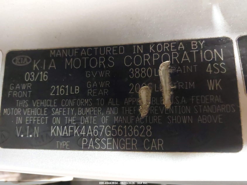 2016 Kia Forte VIN KNAFK4A67G5613628 IAAI salvage auction — FRONT & REAR, Mv-907A (New York), sold $500 on 2026-07-13 (photo 9)