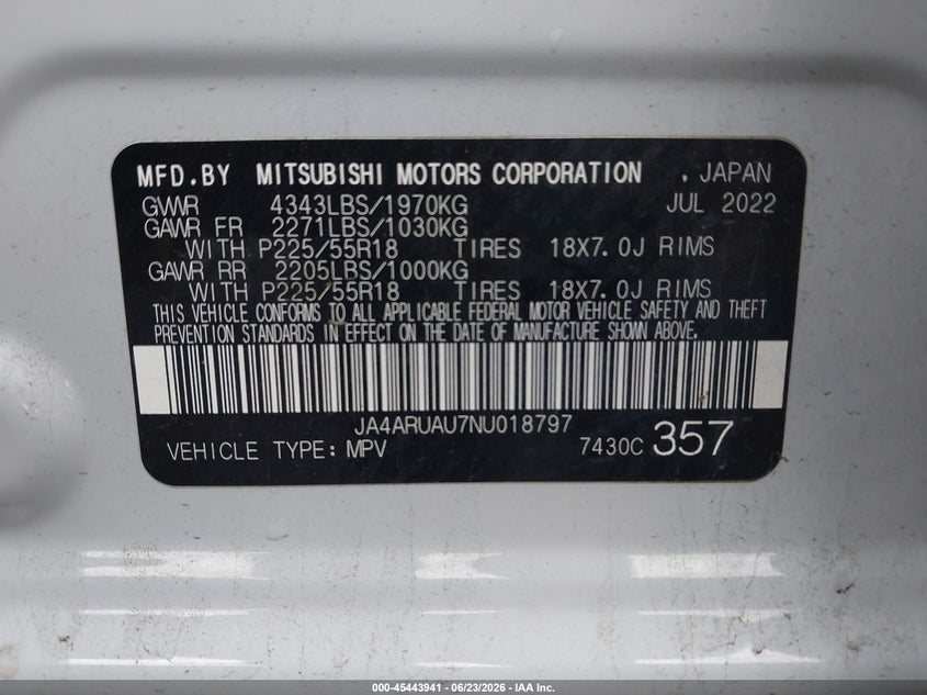 2022 Mitsubishi Outlander VIN JA4ARUAU7NU018797 IAAI salvage auction — FRONT END, Salvage Title, sold $3,850 on 2026-08-01 (photo 9)
