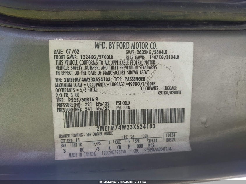 2003 Mercury Grand marquis VIN 2MEFM74W23X624103 IAAI salvage auction — NORMAL WEAR, Clear (Georgia), sold $25 on 2026-07-31 (photo 9)