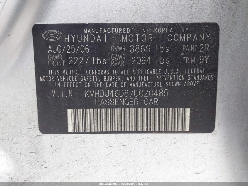 2007 Hyundai Elantra VIN KMHDU46D87U020485 IAAI salvage auction — FRONT END, Salvage (Pennsylvania), sold $400 on 2026-07-16 (photo 9)