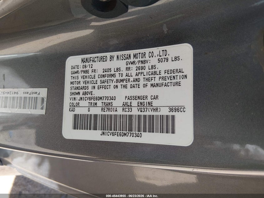 2013 Infiniti G VIN JN1CV6FE6DM770340 IAAI salvage auction — FRONT END, Salvage (Arizona), sold $1,300 on 2026-07-17 (photo 9)