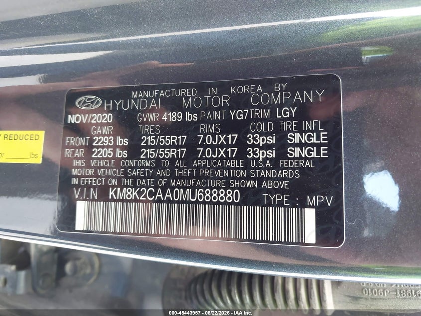 2021 Hyundai Kona VIN KM8K2CAA0MU688880 IAAI salvage auction — RIGHT FRONT, Salvage (Nebraska), sold $3,600 on 2026-07-30 (photo 9)