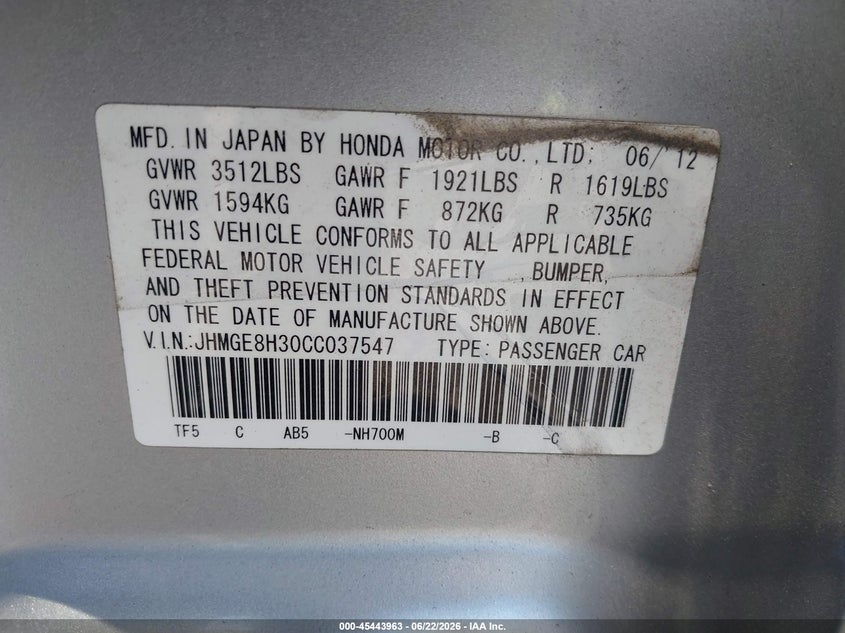 2012 Honda Fit VIN JHMGE8H30CC037547 IAAI salvage auction — FRONT END, Salvage Title, sold $775 on 2026-07-17 (photo 9)