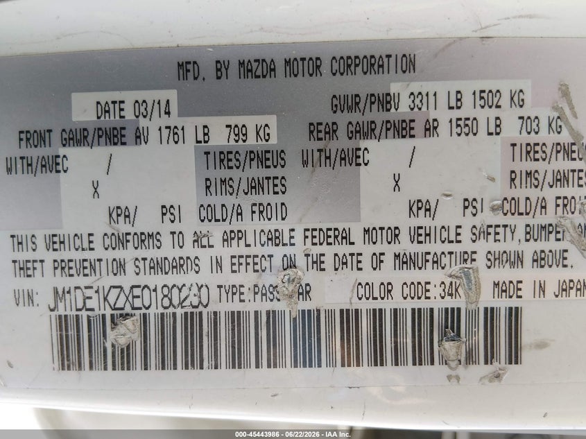 2014 Mazda 2 VIN JM1DE1KZXE0180230 IAAI salvage auction — RIGHT SIDE, Salvage Title, sold $150 on 2026-07-16 (photo 9)