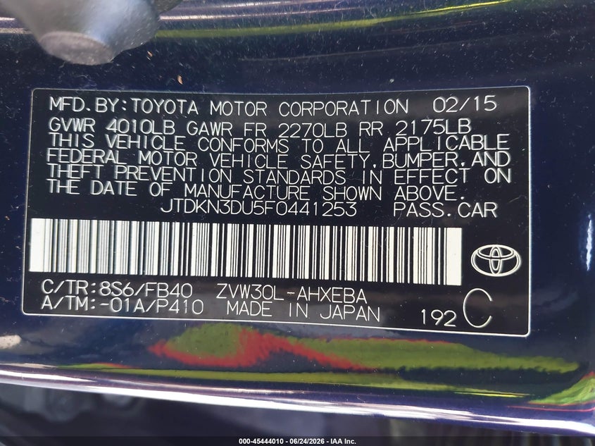 2015 Toyota Prius VIN JTDKN3DU5F0441253 IAAI salvage auction — RIGHT SIDE, Bill Of Sale (Washington), sold $2,350 on 2026-07-22 (photo 9)