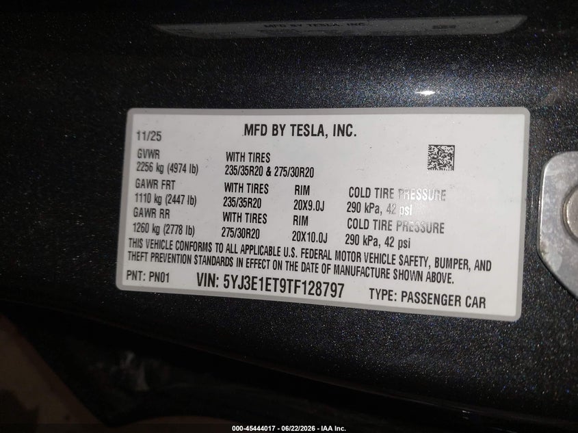 2026 Tesla Model 3 VIN 5YJ3E1ET9TF128797 IAAI salvage auction — FRONT END, Mv-907A (New York), sold $17,400 on 2026-07-09 (photo 9)