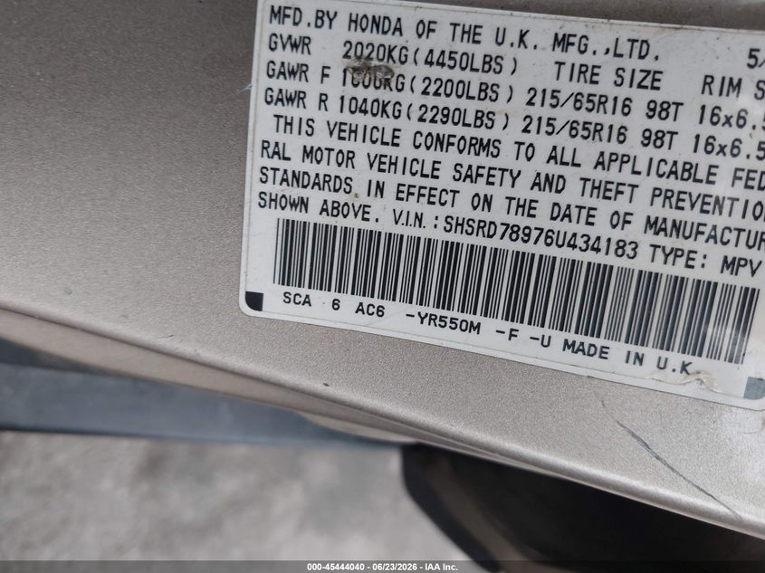 2006 Honda Cr-v VIN SHSRD78976U434183 IAAI salvage auction — FRONT END, Mv-907A (New York), sold $1,350 on 2026-07-07 (photo 9)