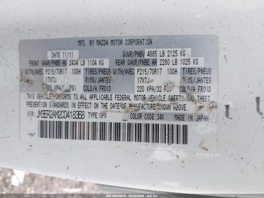 2012 Mazda Cx-7 VIN JM3ER2AM2C0418368 IAAI salvage auction — FRONT END, Salvage (Massachusetts), sold $425 on 2026-07-24 (photo 9)