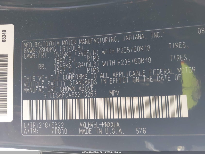 2025 Toyota Sienna VIN 5TDCSKFC4SS213263 IAAI salvage auction — REAR END, Salvage (California), sold $26,350 on 2026-07-20 (photo 9)
