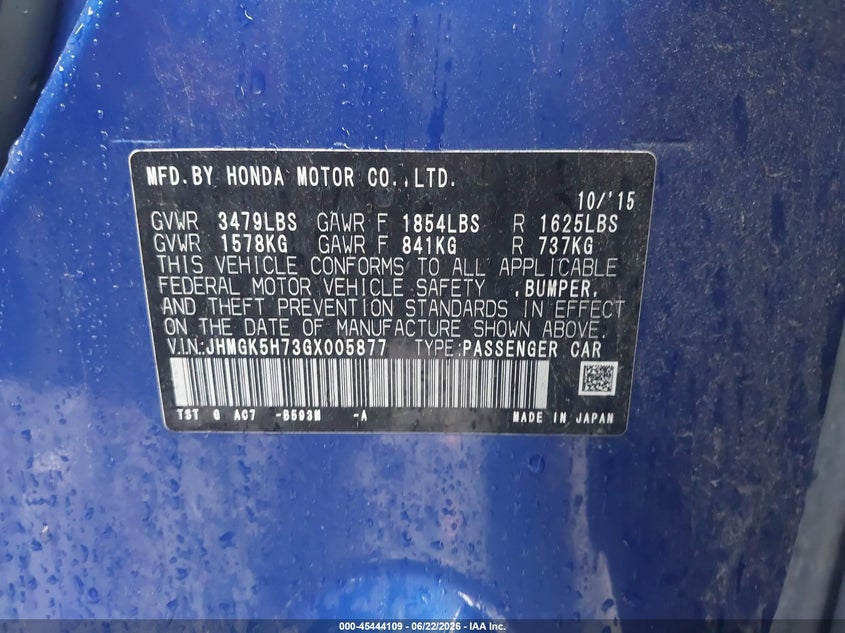 2016 Honda Fit VIN JHMGK5H73GX005877 IAAI salvage auction — FRONT END, Mv-907A (New York), sold $1,975 on 2026-07-07 (photo 9)