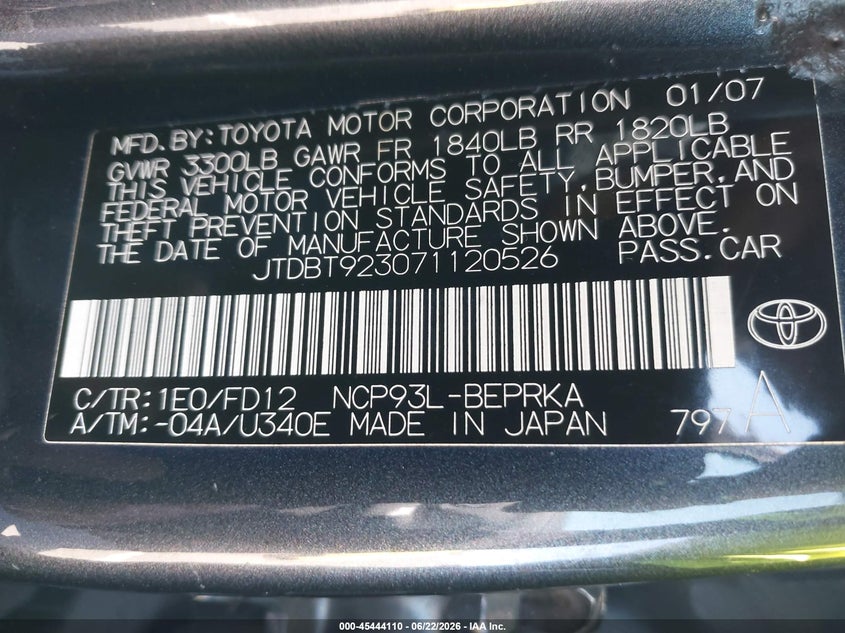 2007 Toyota Yaris VIN JTDBT923071120526 IAAI salvage auction — FRONT END, Salvage (California), sold $650 on 2026-07-14 (photo 9)