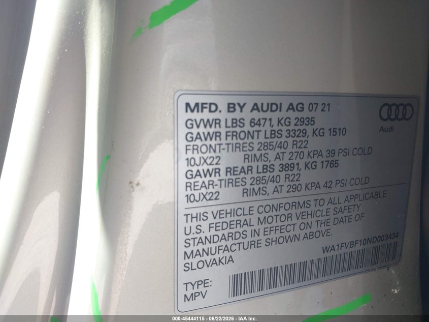 2022 Audi Q8 VIN WA1FVBF10ND003434 IAAI salvage auction — SIDE, Salvage Title, sold $28,000 on 2026-08-01 (photo 9)
