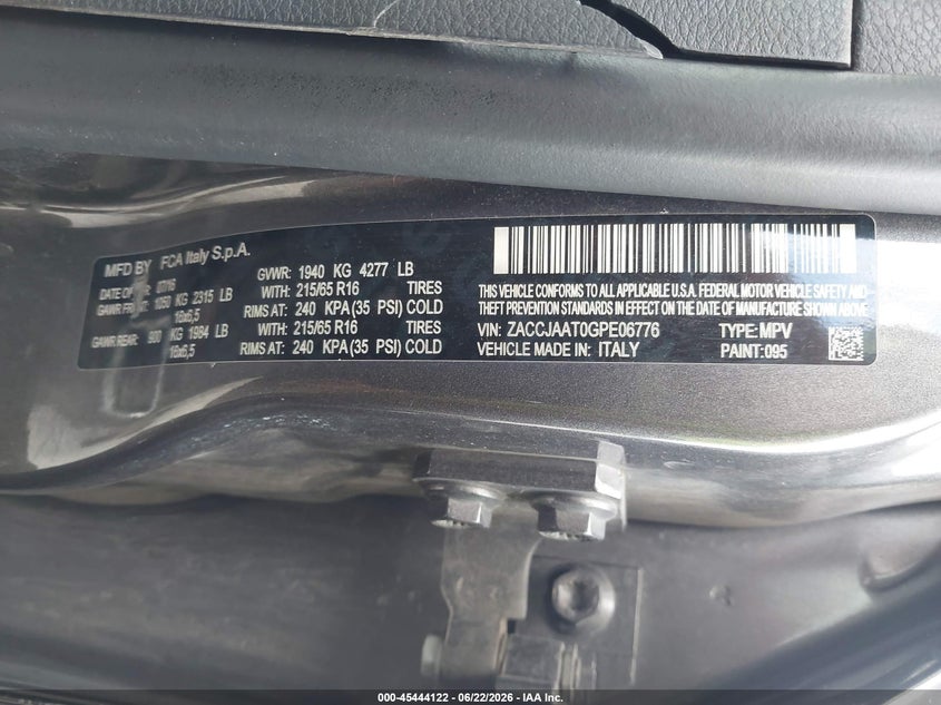 2016 Jeep Renegade VIN ZACCJAAT0GPE06776 IAAI salvage auction — ROLLOVER, Salvage (Illinois), sold $600 on 2026-08-12 (photo 9)