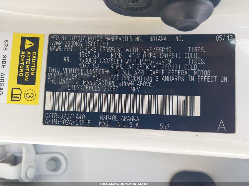 2013 Toyota Highlander VIN 5TDYK3EH8DS121987 IAAI salvage auction — NORMAL WEAR, Original (Texas), sold $4,550 on 2026-07-28 (photo 9)