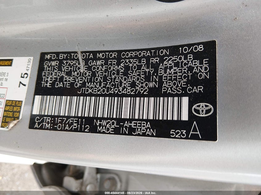 2009 Toyota Prius VIN JTDKB20U493482792 IAAI salvage auction — RIGHT FRONT, Salvage (Virginia), sold $450 on 2026-07-23 (photo 9)