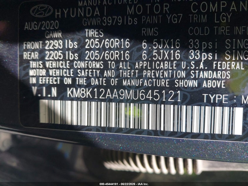 2021 Hyundai Kona VIN KM8K12AA9MU645121 IAAI salvage auction — FRONT END, Salvage (North Carolina), sold $1,800 on 2026-07-16 (photo 9)