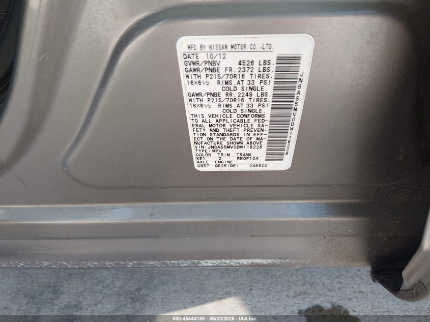 2013 Nissan Rogue VIN JN8AS5MV0DW116226 IAAI salvage auction — REAR END, Salvage (Texas), sold $875 on 2026-07-31 (photo 9)
