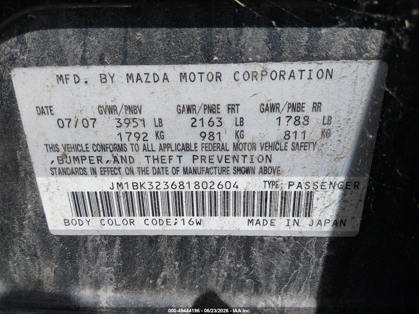 2008 Mazda 3 VIN JM1BK323681802604 IAAI salvage auction — NORMAL WEAR, Clear-Dealer Only (West Virginia), sold $225 on 2026-07-23 (photo 9)