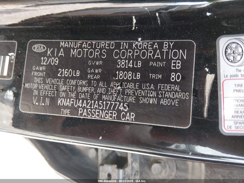 2010 Kia Forte VIN KNAFU4A21A5177745 IAAI salvage auction — FRONT END, Salvage (Ohio), sold $475 on 2026-07-15 (photo 9)