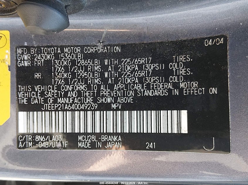 2004 Toyota Highlander VIN JTEEP21A640049239 IAAI salvage auction — NORMAL WEAR, Clear (Washington), sold $850 on 2026-07-08 (photo 9)