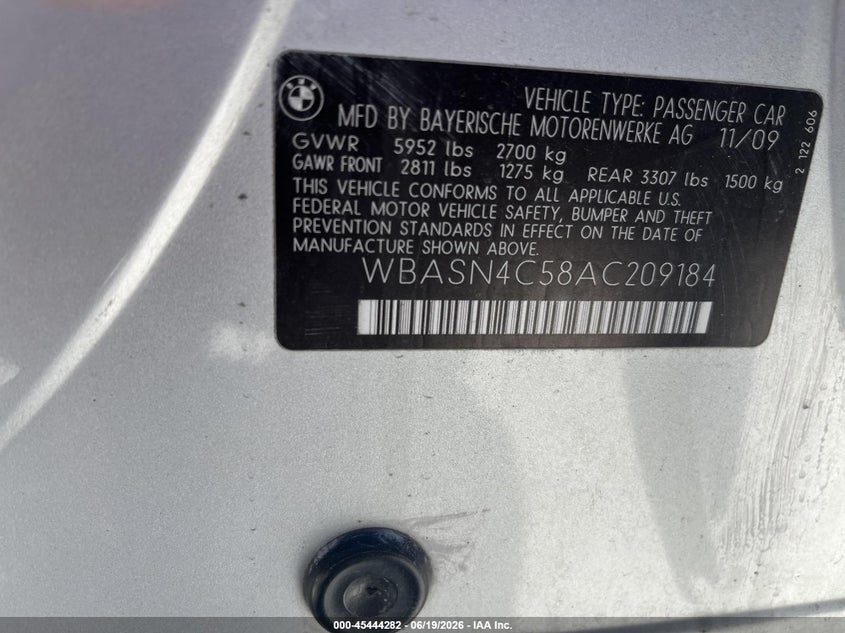 2010 BMW 5 series VIN WBASN4C58AC209184 IAAI salvage auction — NORMAL WEAR, Salvage Title (California), sold $25 on 2026-07-06 (photo 9)