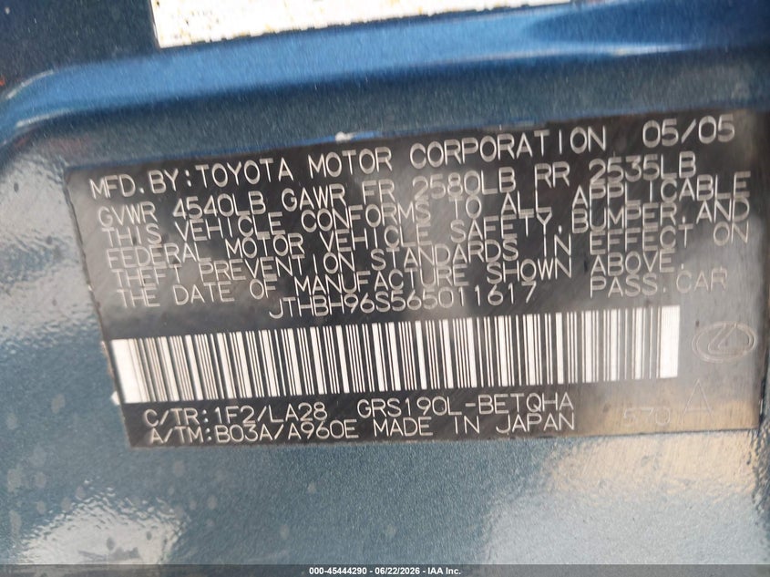 2006 Lexus Gs 300 VIN JTHBH96S565011617 IAAI salvage auction — FRONT END, Salvage (California), sold $700 on 2026-07-07 (photo 9)
