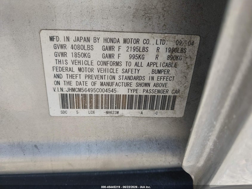 2005 Honda Accord VIN JHMCM56495C004545 IAAI salvage auction — REAR END, Salvage (California), sold $25 on 2026-07-21 (photo 9)