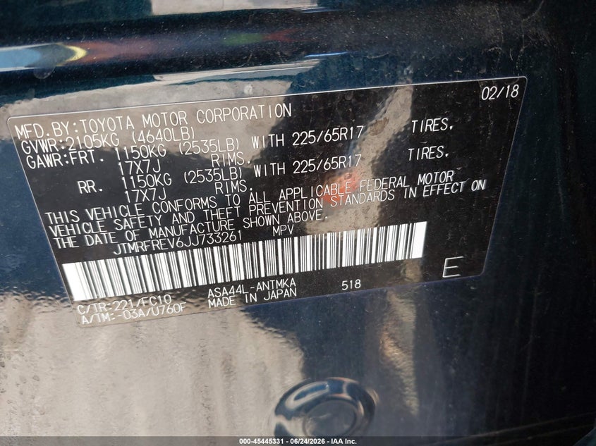 2018 Toyota Rav 4 VIN JTMRFREV6JJ733261 IAAI salvage auction — LEFT FRONT, Mv-907A (New York), sold $25 on 2026-07-21 (photo 9)