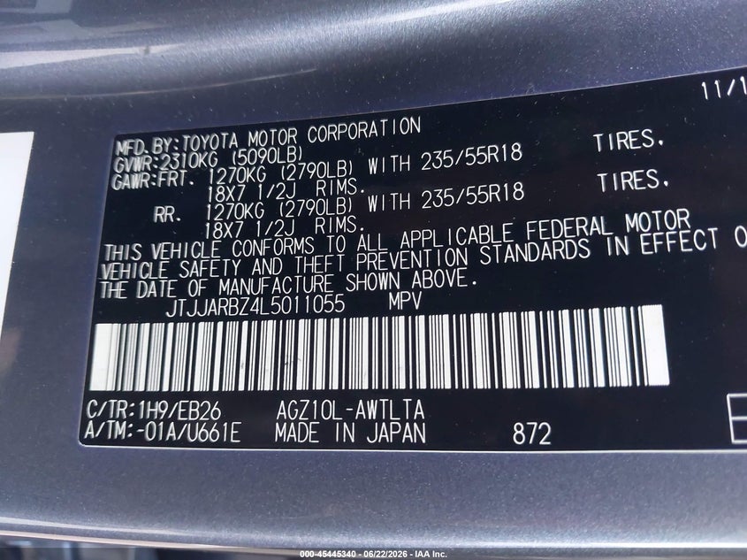 2020 Lexus Nx VIN JTJJARBZ4L5011055 IAAI salvage auction — LEFT FRONT, Salvage Title, sold $6,200 on 2026-07-28 (photo 9)
