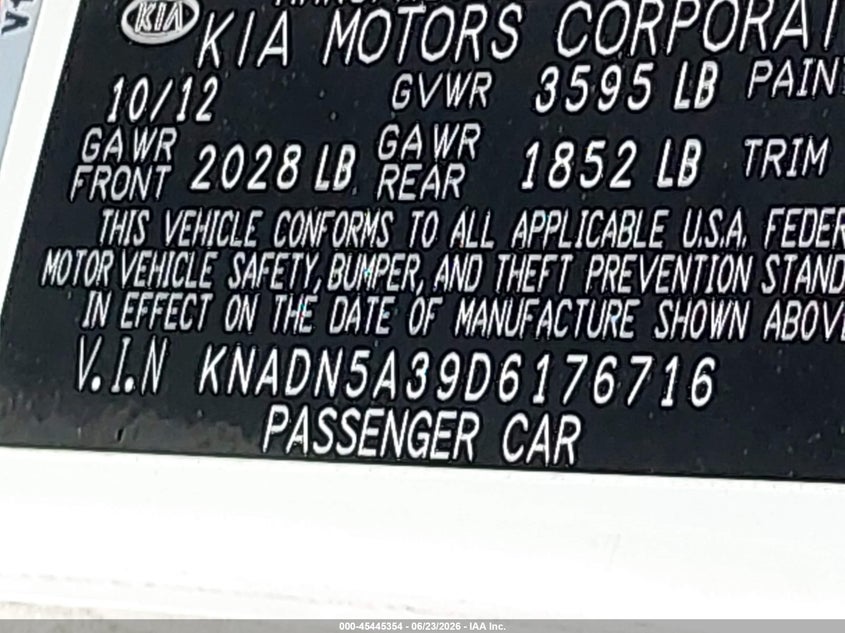 2013 Kia Rio VIN KNADN5A39D6176716 IAAI salvage auction — FRONT & REAR, Mv-907A (New York), sold $650 on 2026-07-07 (photo 9)