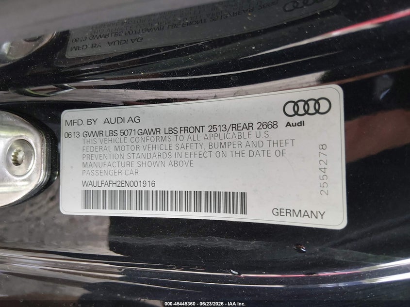 2014 Audi A5 VIN WAULFAFH2EN001916 IAAI salvage auction — FRONT END, Salvage (Georgia), sold $1,600 on 2026-07-23 (photo 9)
