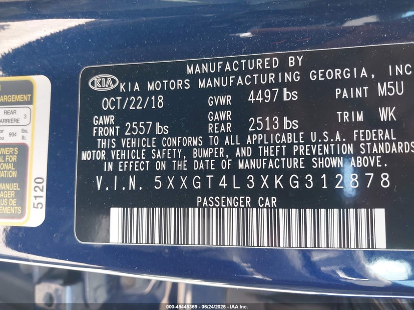 2019 Kia Optima VIN 5XXGT4L3XKG312878 IAAI salvage auction — FRONT END, Salvage (Pennsylvania), sold $1,350 on 2026-07-10 (photo 9)