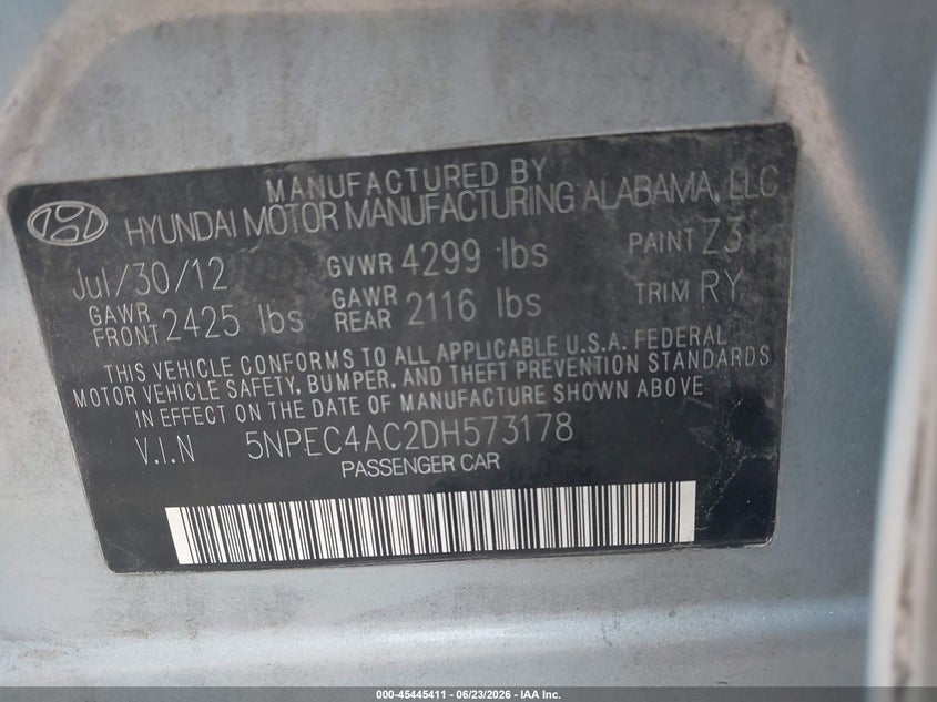 2013 Hyundai Sonata VIN 5NPEC4AC2DH573178 IAAI salvage auction — NORMAL WEAR, Salvage Title, sold $275 on 2026-07-30 (photo 9)