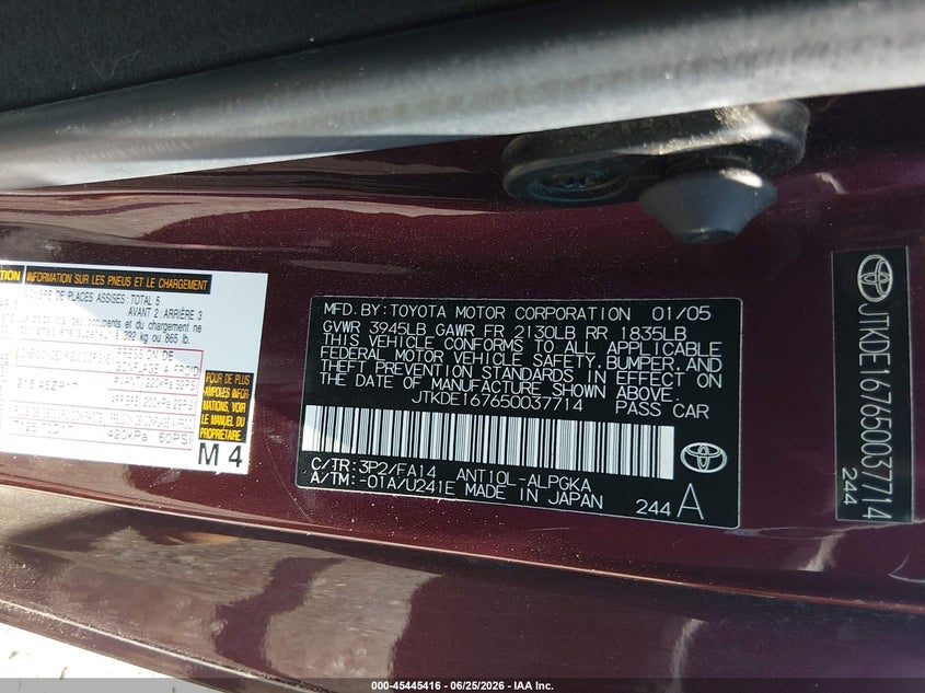 2005 Scion Tc VIN JTKDE167650037714 IAAI salvage auction — FRONT END, Salvage - Greater Than 75% (Maryland), sold $350 on 2026-07-20 (photo 9)