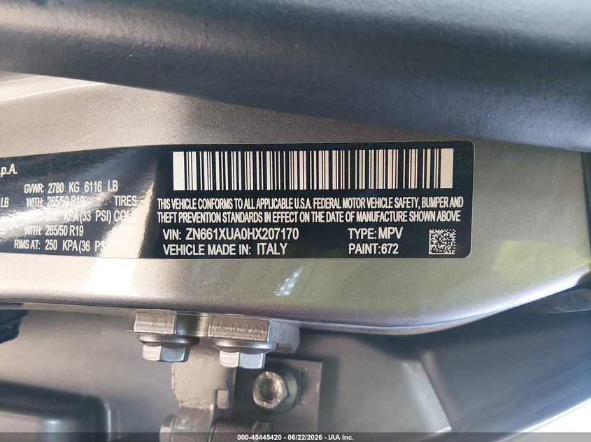 2017 Maserati Levante VIN ZN661XUA0HX207170 IAAI salvage auction — FRONT END, Salvage Title, sold $0 on 2026-09-14 (photo 9)
