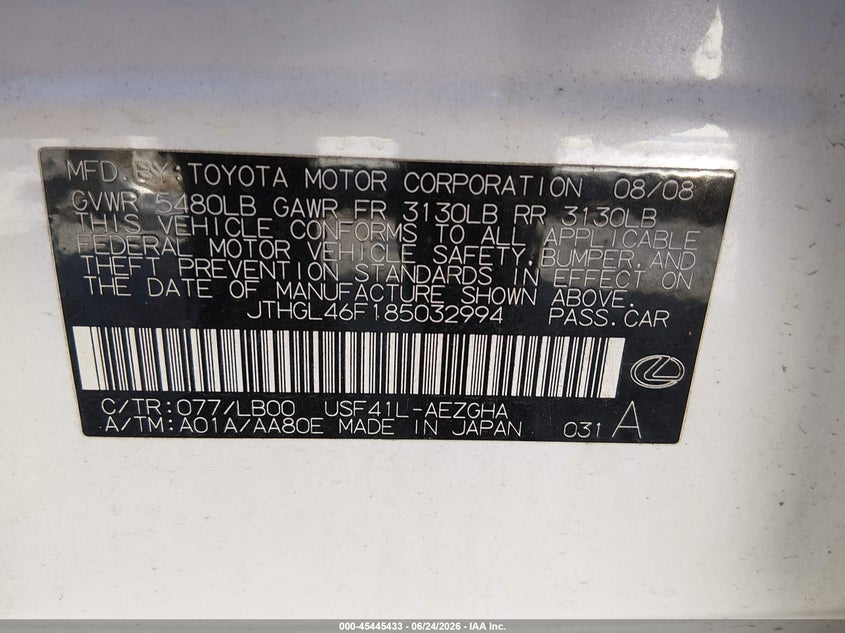 2008 Lexus Ls 460 VIN JTHGL46F185032994 IAAI salvage auction — UNKNOWN, Salvage (West Virginia), sold $925 on 2026-07-29 (photo 9)
