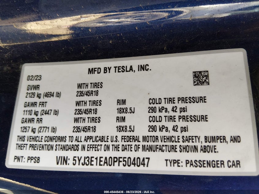 2023 Tesla Model 3 VIN 5YJ3E1EA0PF504047 IAAI salvage auction — RIGHT REAR, Salvage (Ohio), sold $6,975 on 2026-07-16 (photo 9)